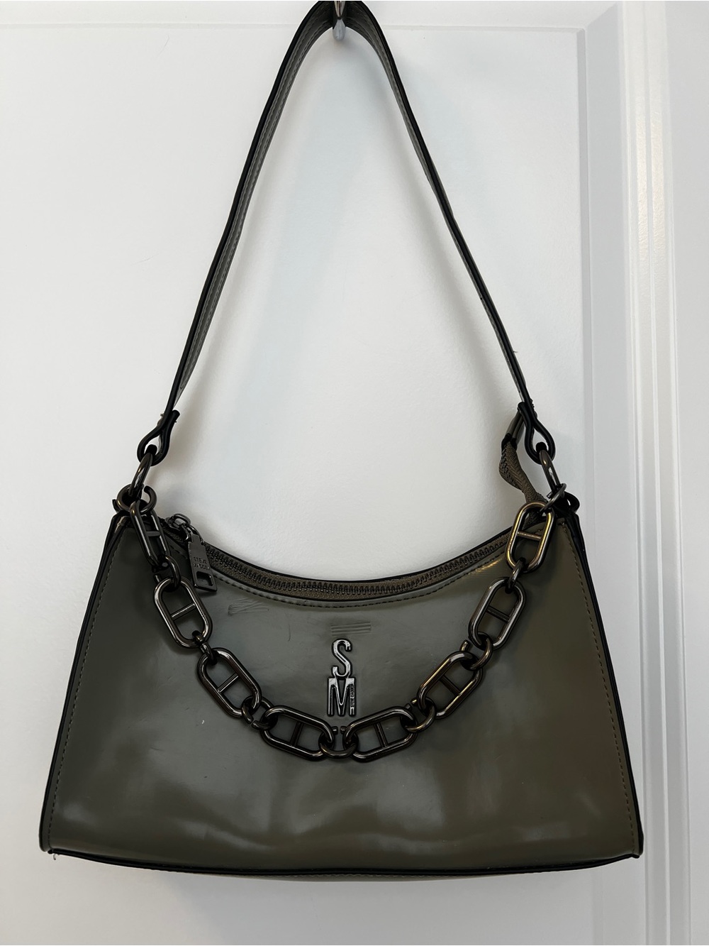 Steve Madden Olive Green Patent Shoulder Bag with Chain